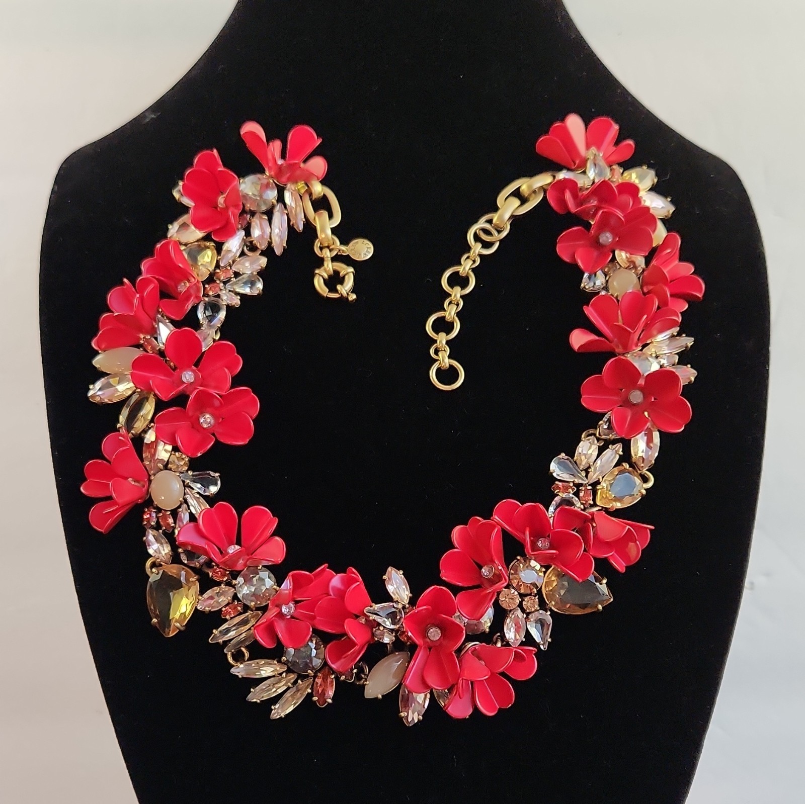 J.CREW Signed Red Flower Collar Statement Necklace Crystal Rhinestone Lobster