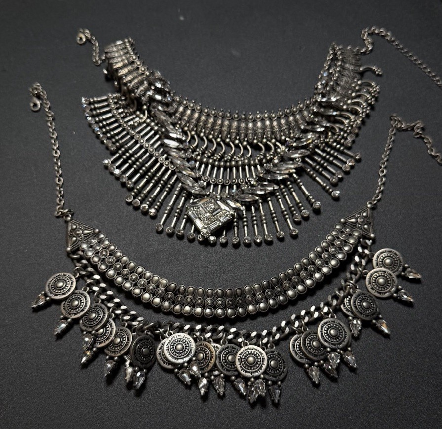 2pc Silver-Tone Statement Bib Necklace Set, Clear Rhinestones, Lobster Clasp