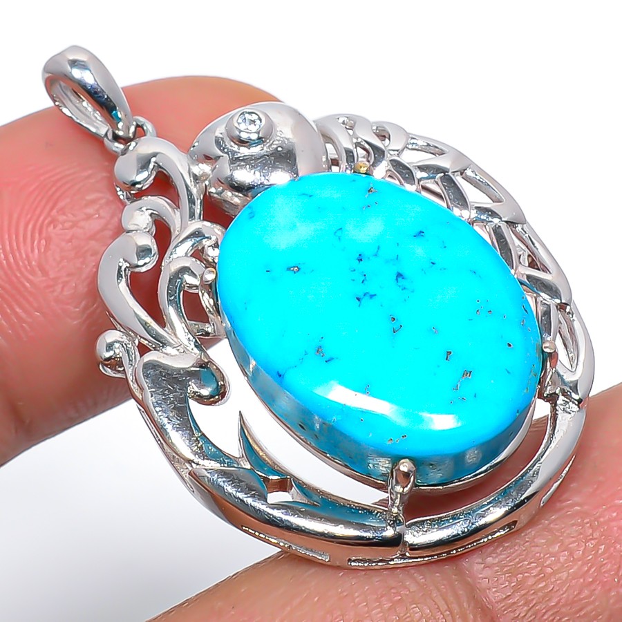 Magnesite Turquoise & White Topaz 925 Silver Plated Fish Pendant 1.56″ T70