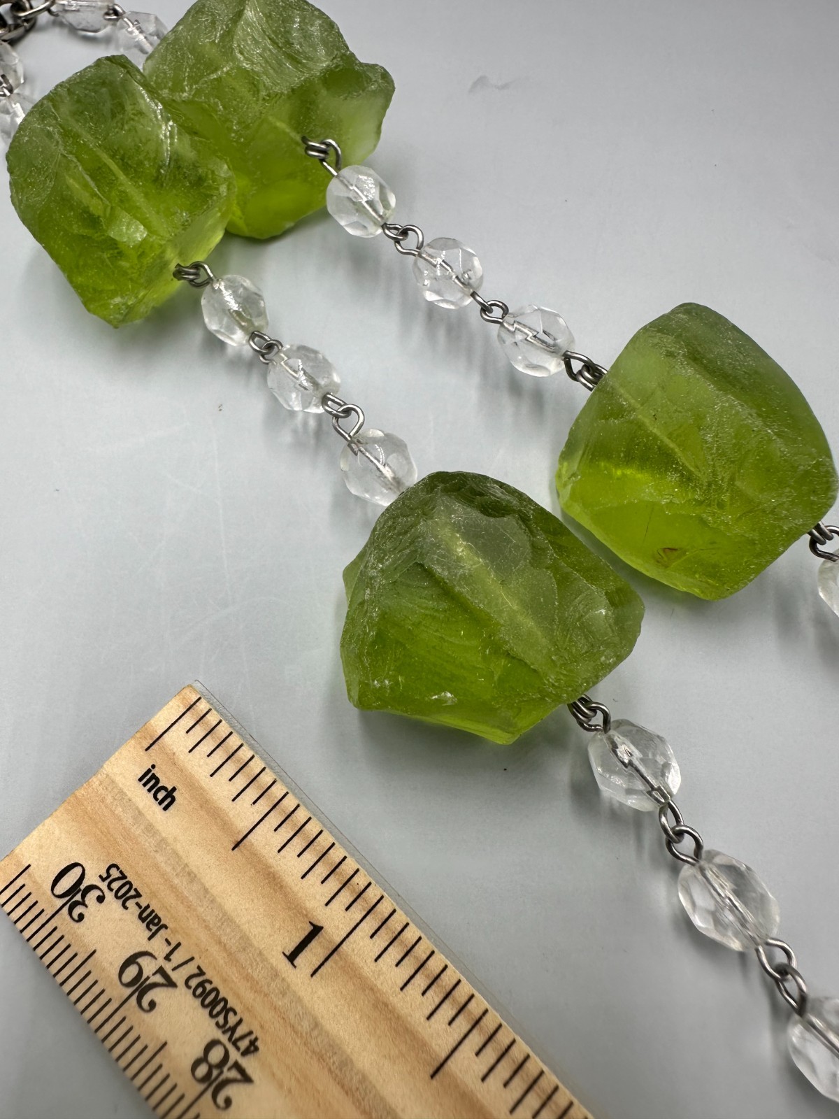 Green Chunky Nugget Beaded Necklace Clear Faceted Link Long Statement 20 Inch