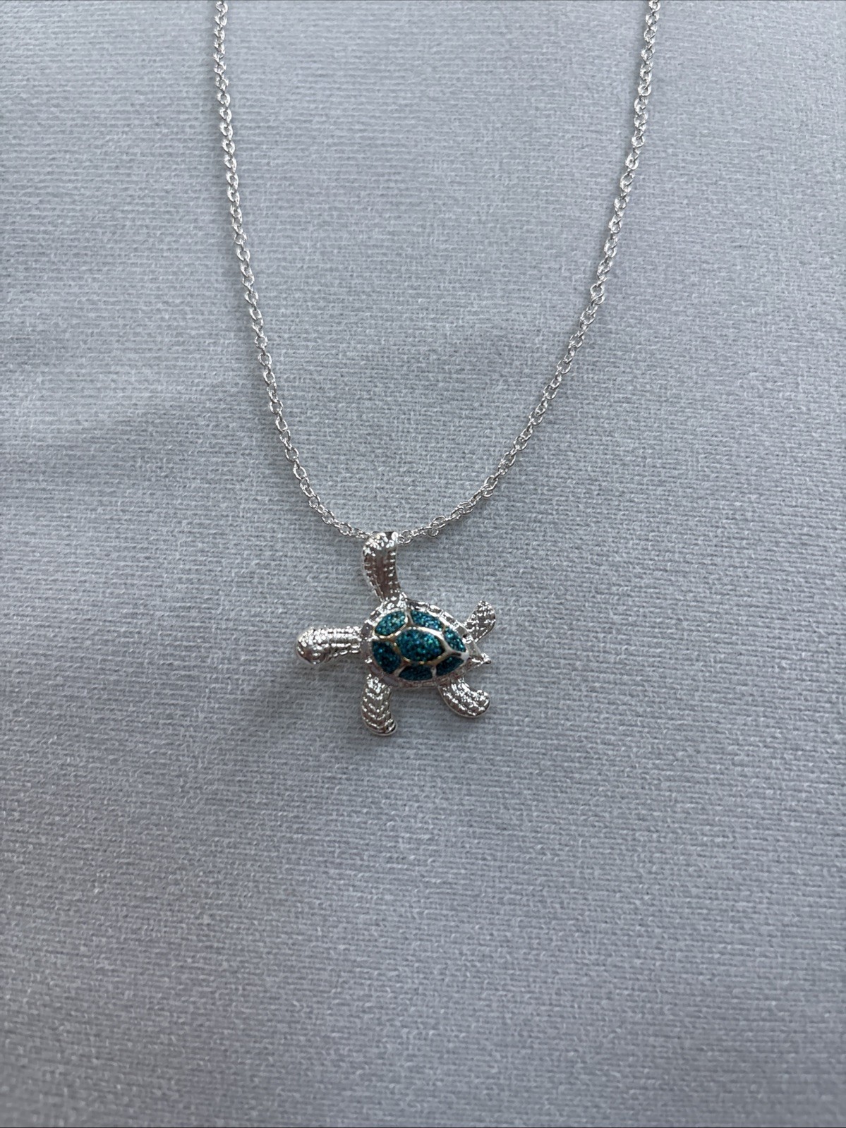 Silver Turtle Necklace Faux Blue Opal