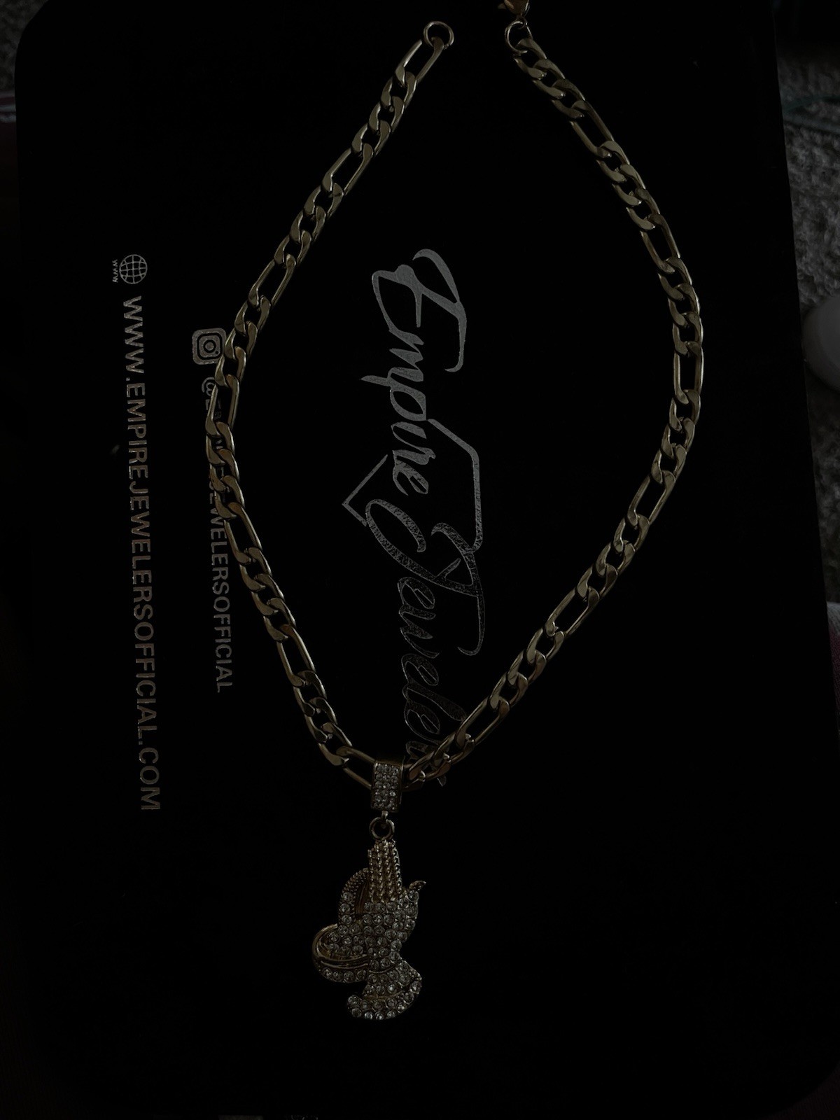 Empire Jewelers Gold Tone Figaro Chain Necklace Hand Charm Pendant Crystal