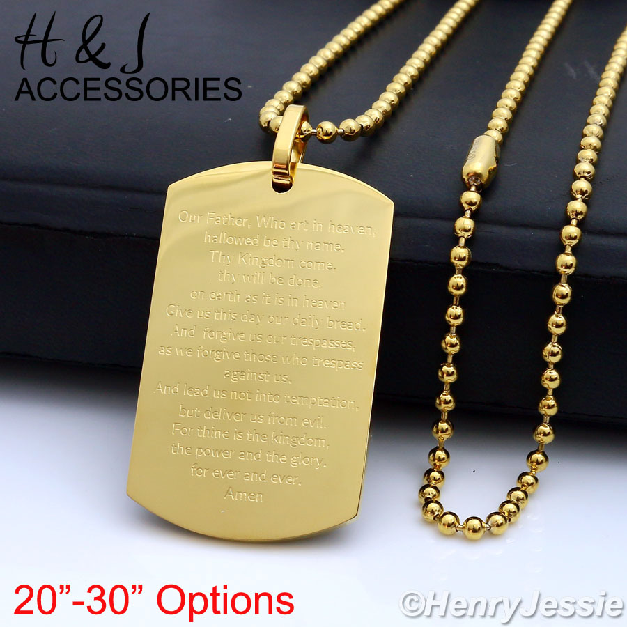 20″-30″MEN Stainless Steel Gold Plated Bead Chain Bible Verse Dog Tag Pendant*70