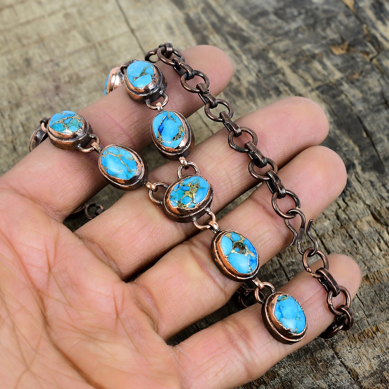 Copper Blue Turquoise Gemstone Electroformed Anniversary Chain Necklace Copper