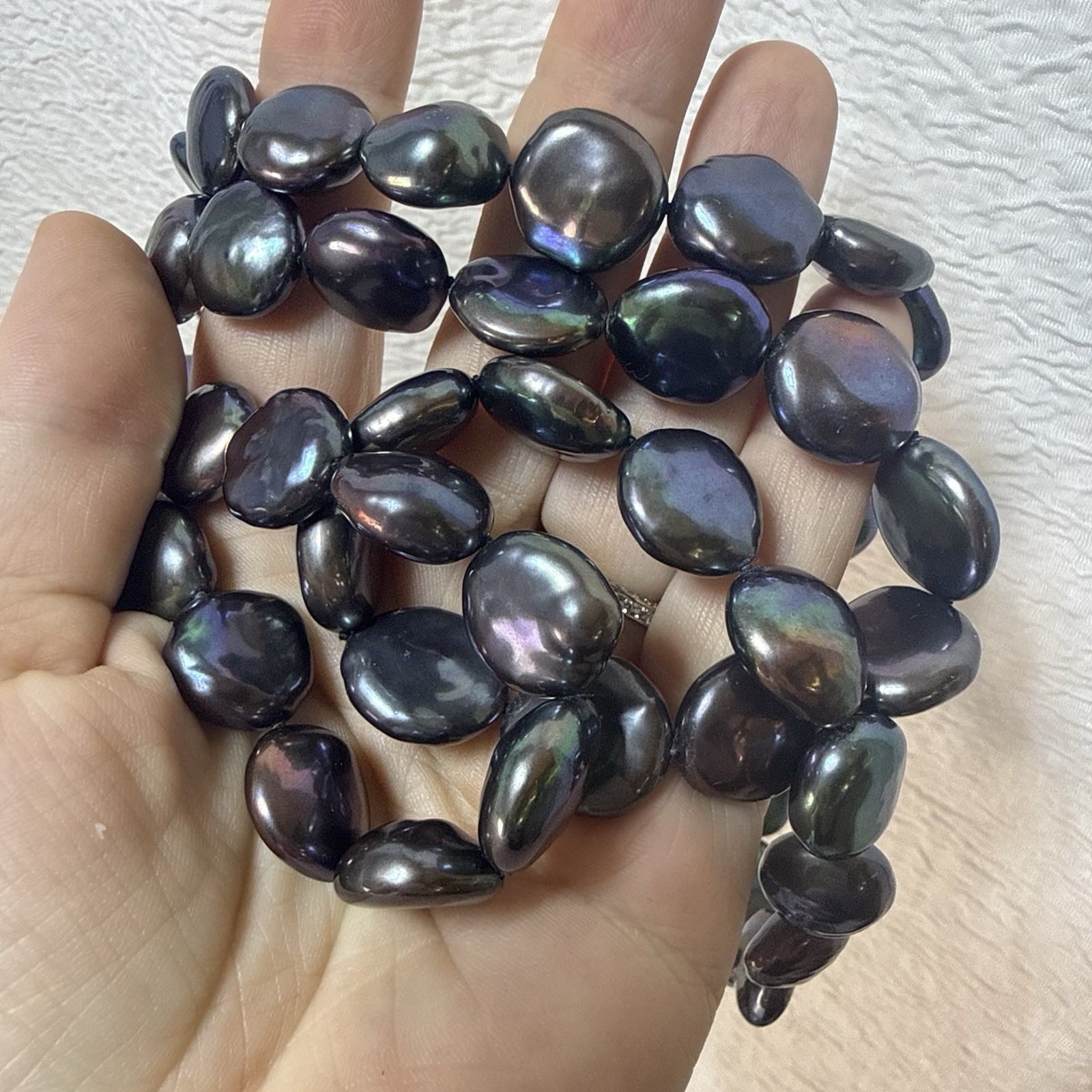 Honora Pearl Necklace Oil Slick Peacock Blue Purple Coin 36″ Chunky Modern