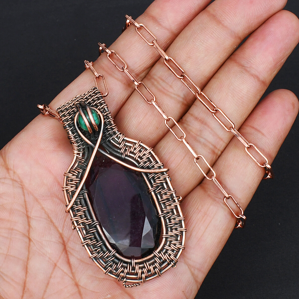 Amethyst Gemstone Copper Wire Pendant with Copper Cable Chain Necklace Jewelry