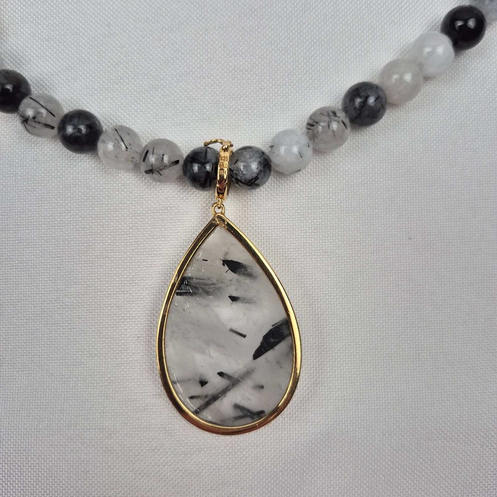 MLD Beaded Necklace Women 18″ Rutilated Quartz Removable Pendant 925 Thailand