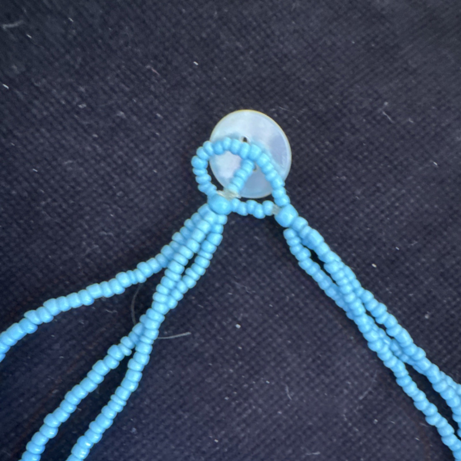 Blue Glass Seed Bead Necklace Round Cream Shell Pendant Ball/Bead Chain Button