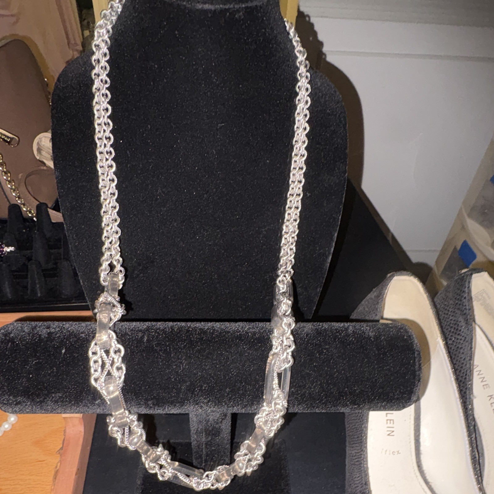 Silver Tone Round Link Chain Necklace, Metal, Adjustable, No Stone, Undated