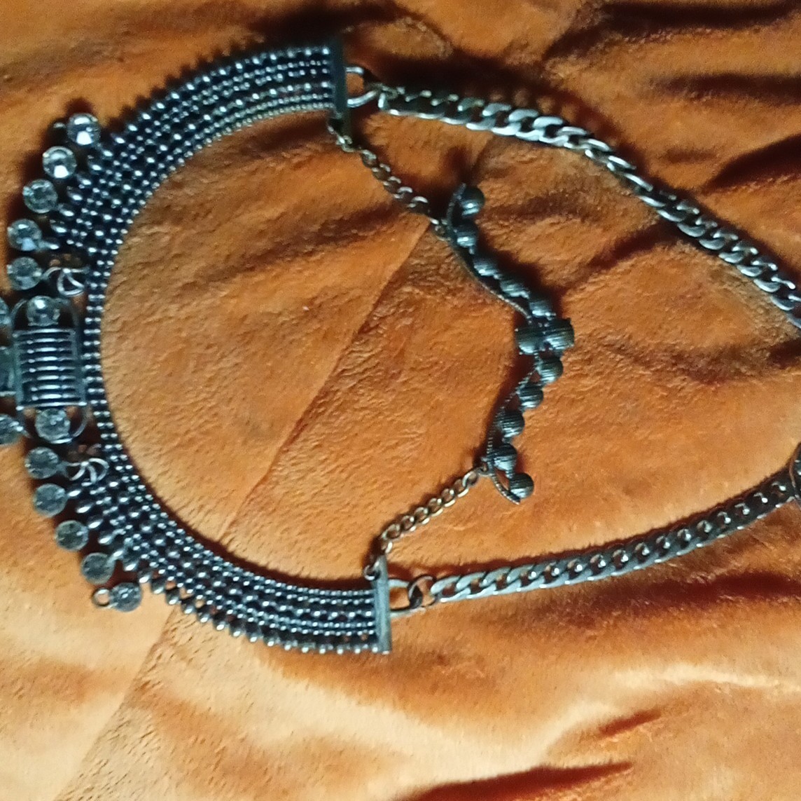 Silver Tone Statement Collar Necklace Curb Chain Adjustable Clear Round Crystal