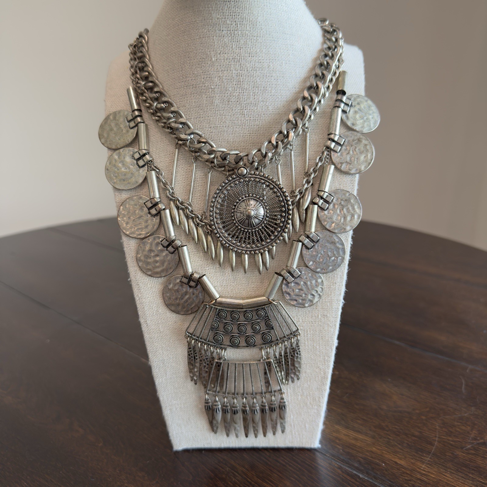Vintage Tribal Silver Statement Bib Necklace – Boho Ethnic Afghani Large Choker