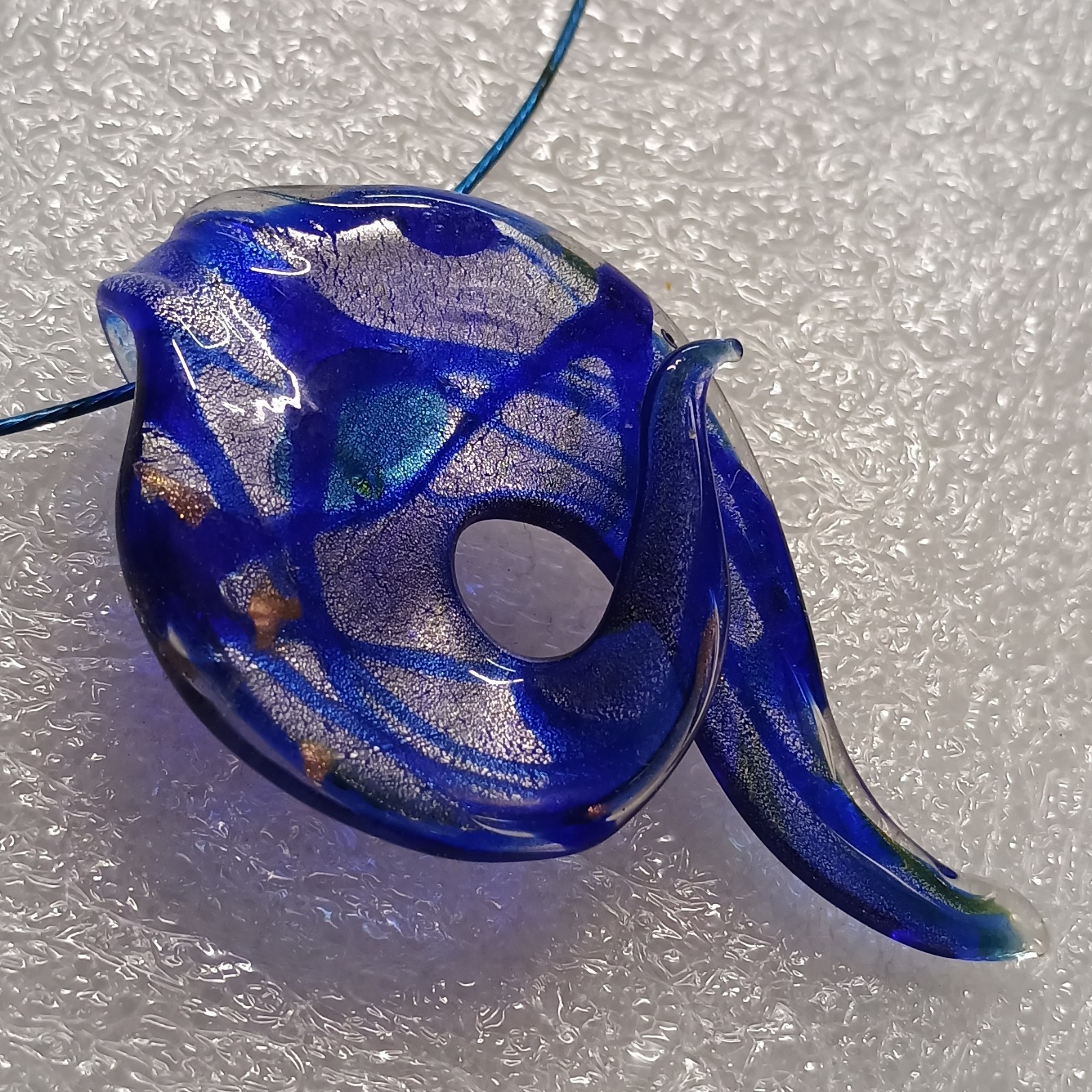 Blue Art Glass Swirl Asymmetrical Charm Pendant Necklace Cord Barrel Closure