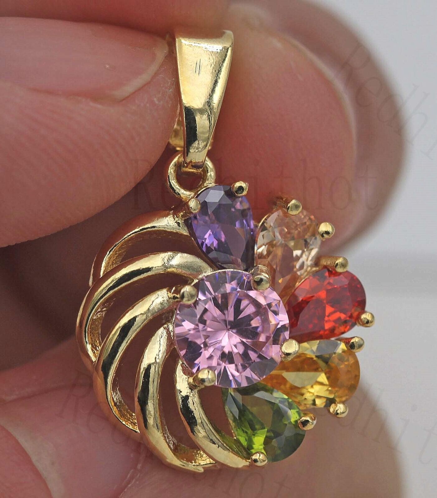 18K Yellow Gold Filled Multicolor Teardrop & Round CZ Windmill Pendant Necklace
