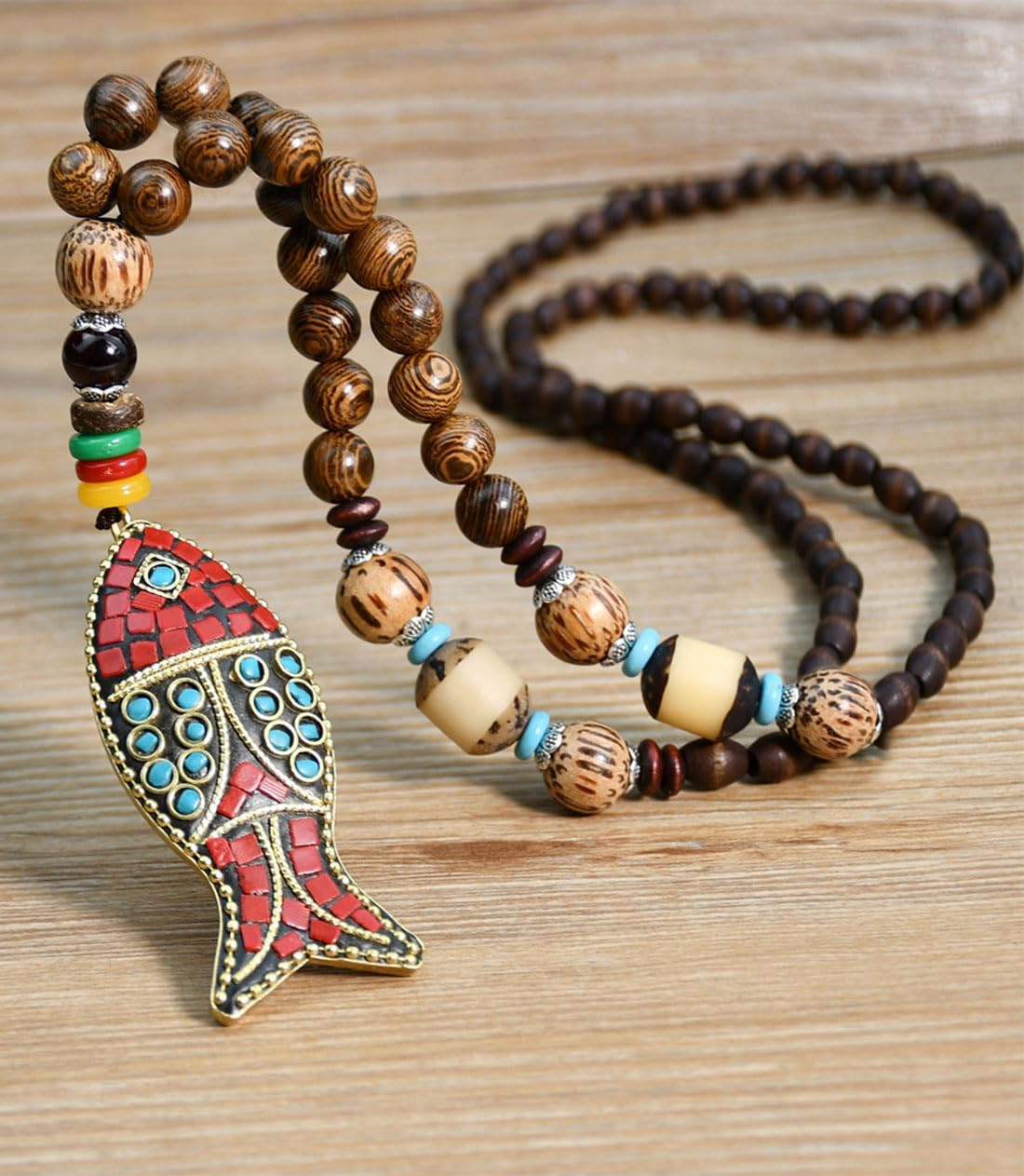 Vintage Long Necklace Handmade Turquoise Wood Beads Necklace for Women Fashion J