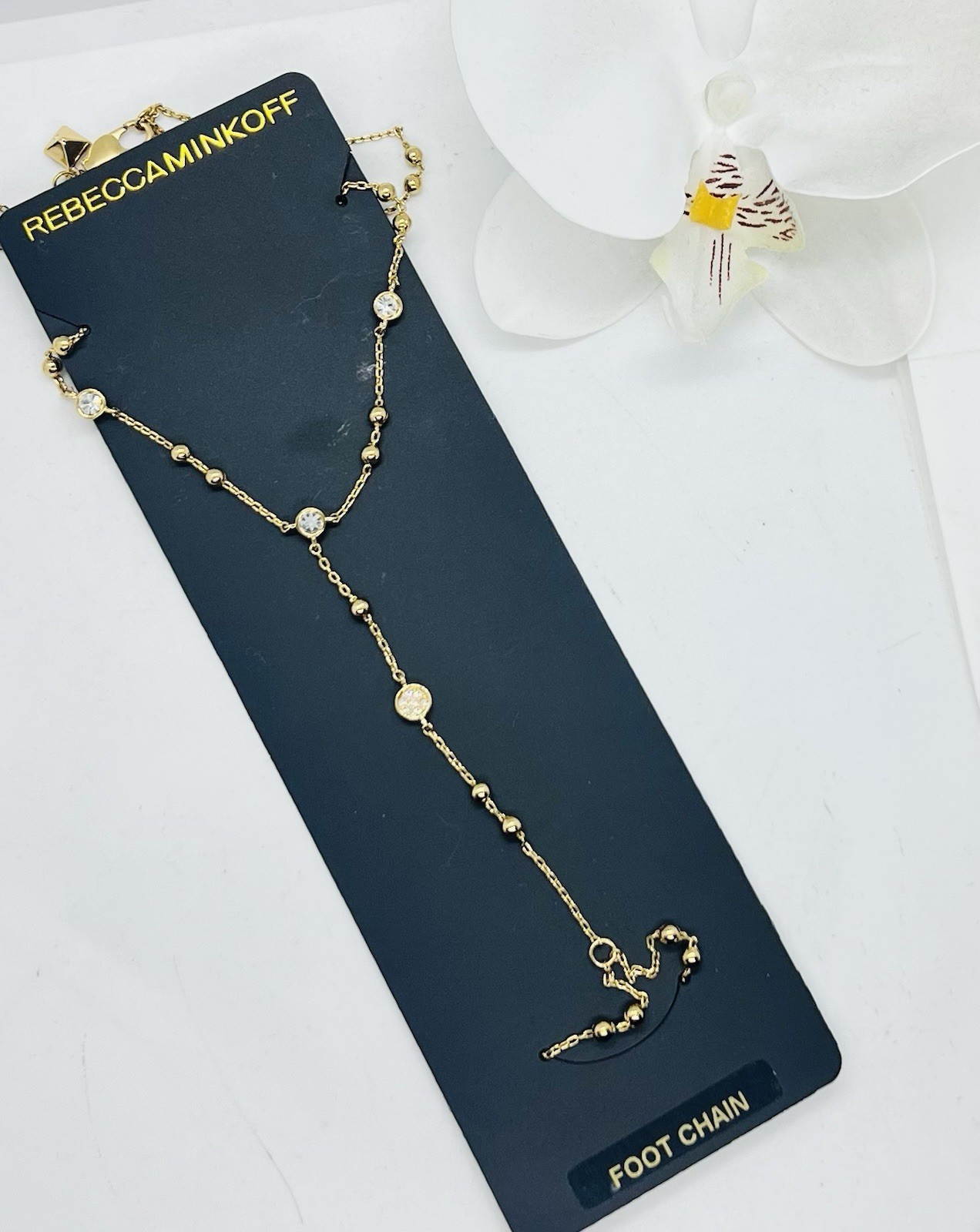 NWOT, Rebecca Minkoff Beaded Foot Chain in Gold & Crystal, Length 10”