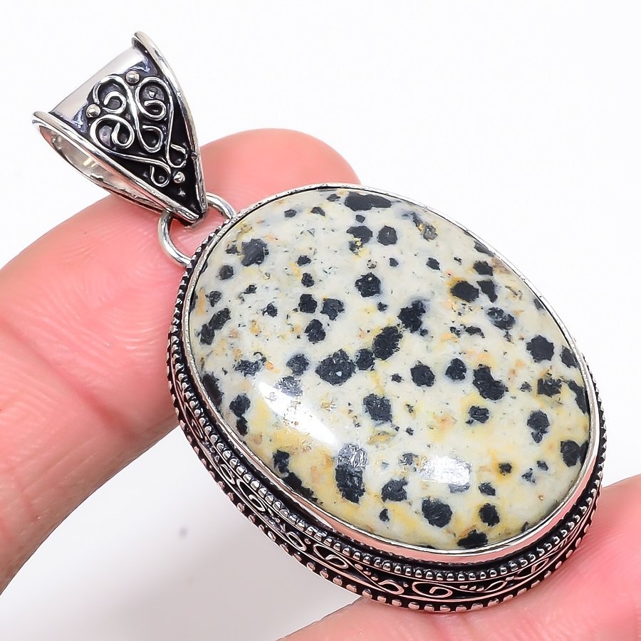 Natural Dalmation Jasper Vintage Style 925 Silver Plated Pendant 2.05″ T91