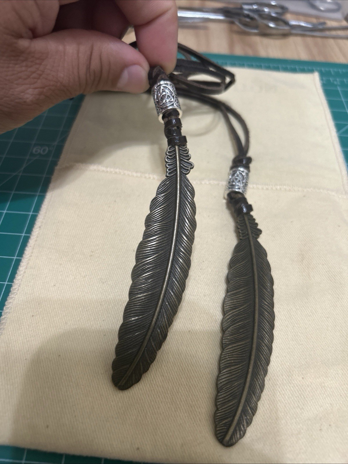 Men/Women 2 Two Vintage Brass Feather Pendant /Leather Straps