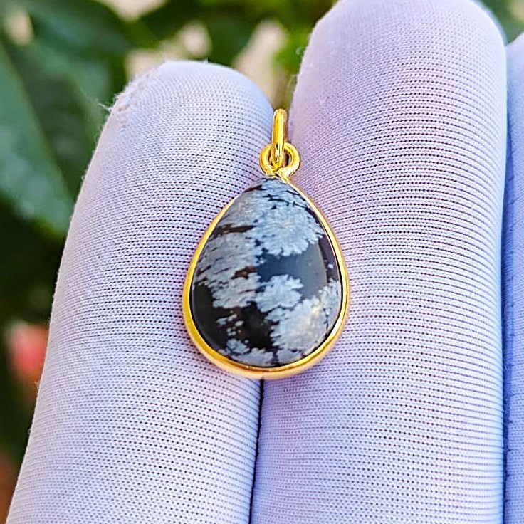 Snowflake Obsidian Gemstone Handmade Pendant Charm, Sterling Silver Gold Plated