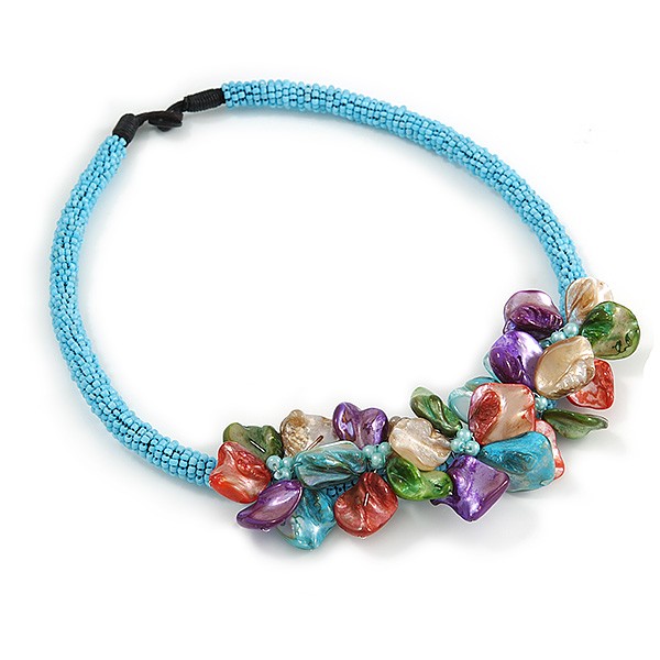 Light Blue Glass Bead/ Multicoloured Shell Floral Necklace – 48cm Long