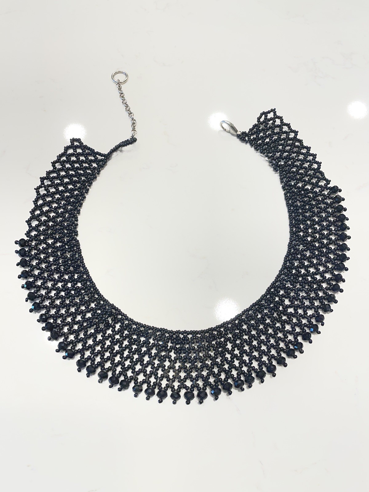 Black Beaded Lattice Seed Choker Bib Necklace Vintage Victorian style
