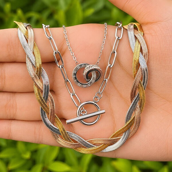 Stainless Steel Double Circle CZ Necklace Waterproof Hypoallergenic 43+5cm
