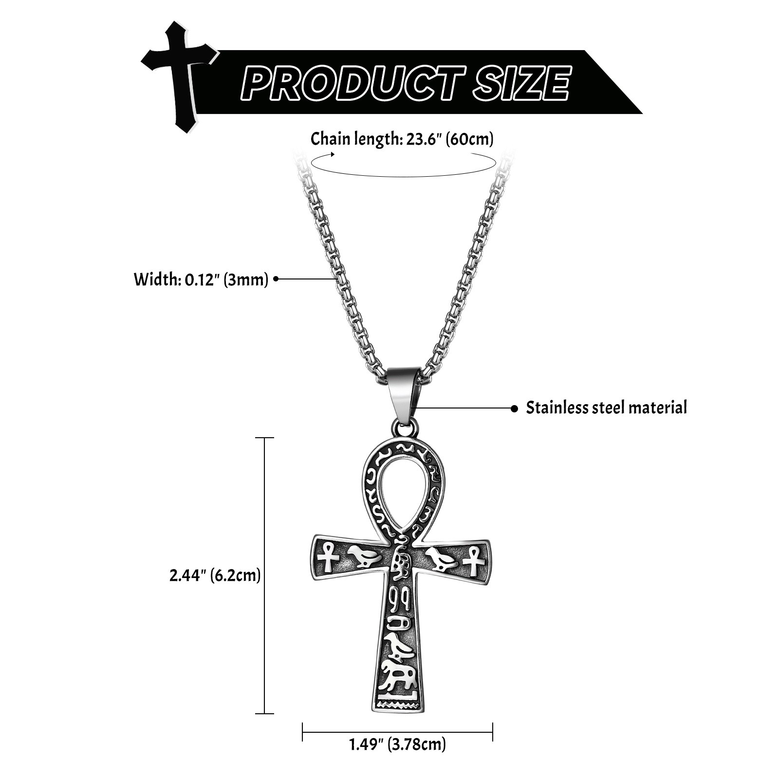 Unisex Stainless Steel Ankh Cross Necklace Ancient Egyptian Symbol Amulet Gift