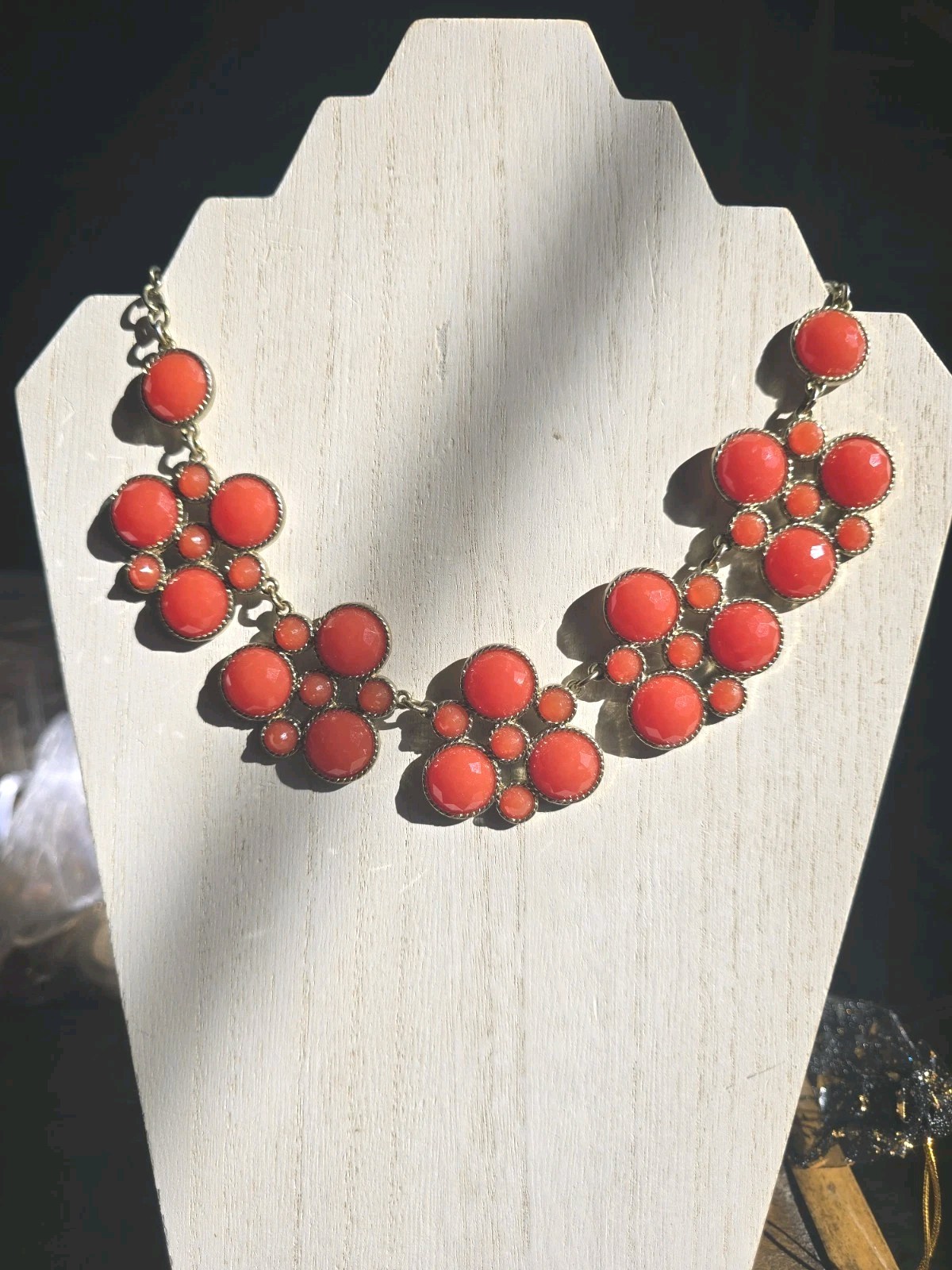 Red/orange STATEMENT Necklace Adjustable Glass Silver Tone Collar Bib Vintage