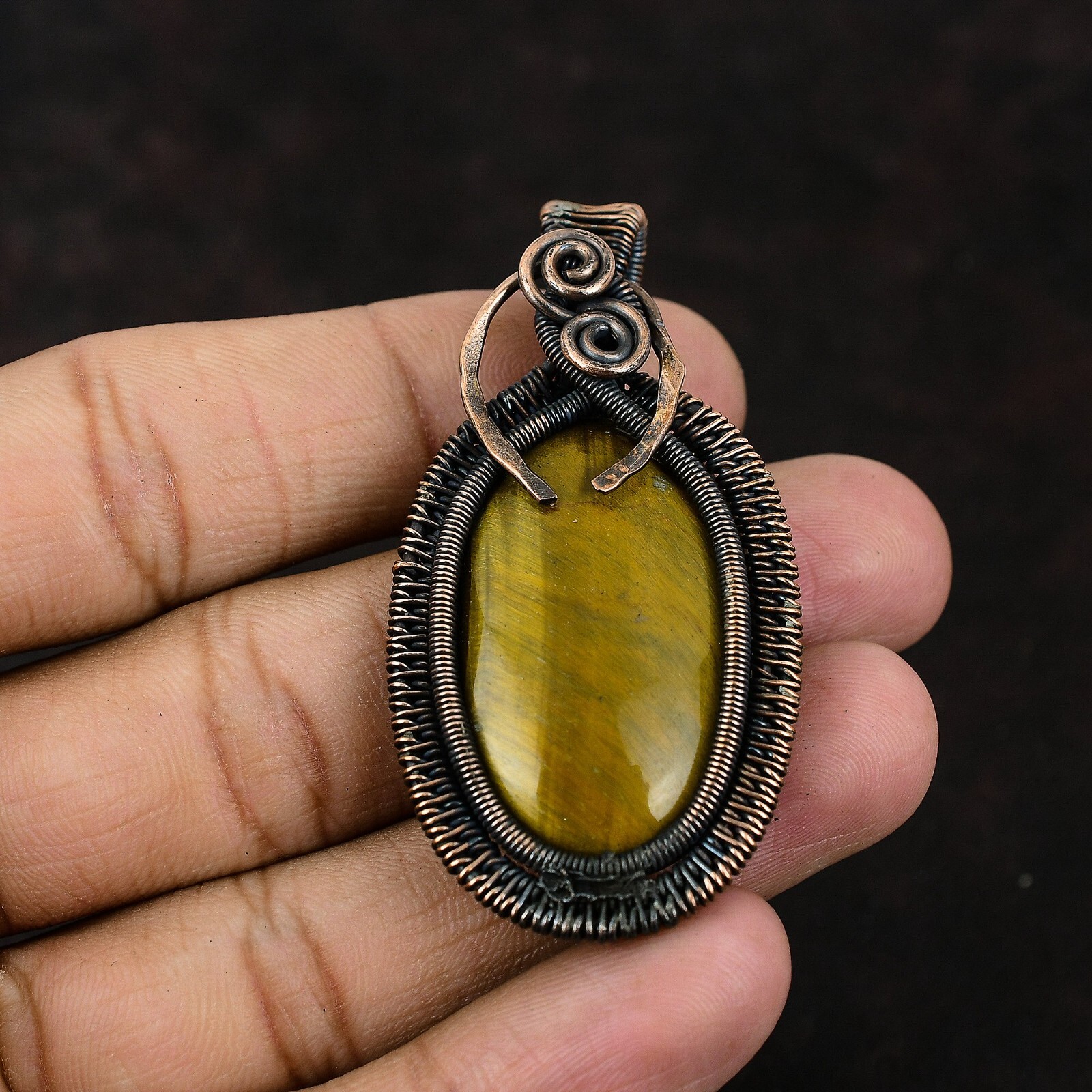 Tiger’S Eye Wire Wrapped Pendant Handcrafted Copper Ethnic Gift Jewelry 2.44″