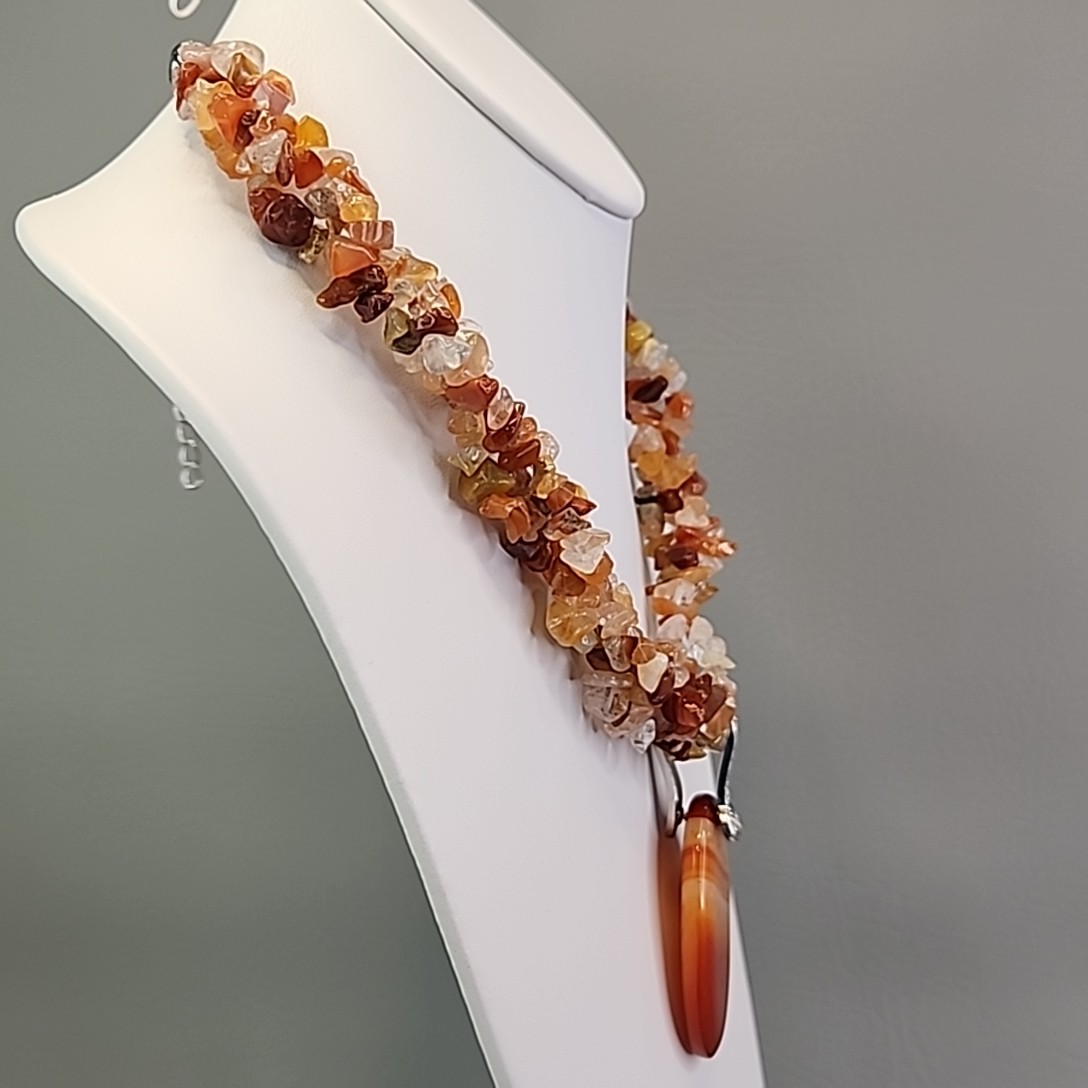 Carnelian Agate Necklace Chip Beaded Triple Layered Statement Orange JTV 22″