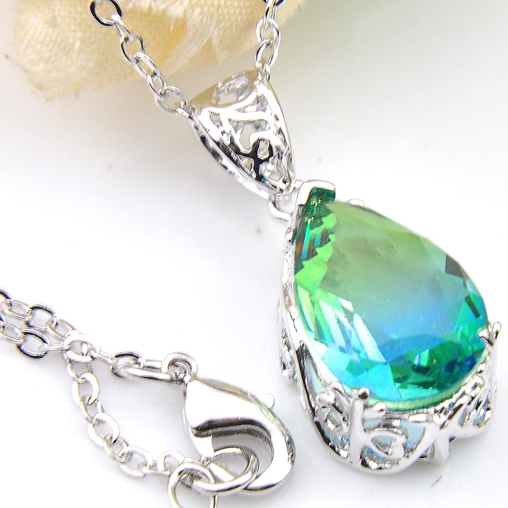 Newest Fire Green Blue BI-COLORED Tourmaline Silver Chain Pendants Necklaces
