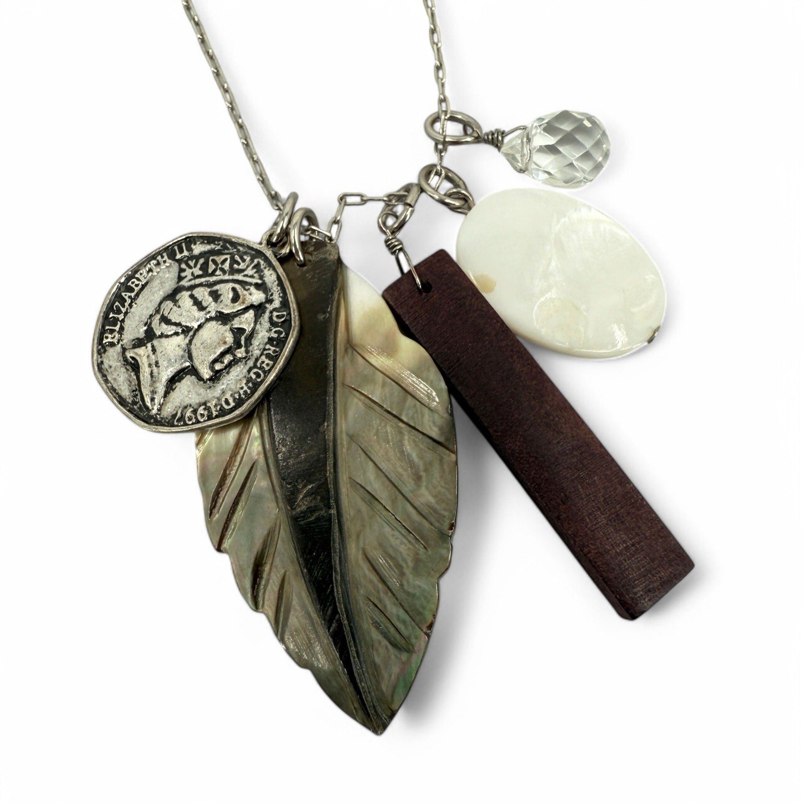 American Eagle Outfitters Long Necklace Carved Shell Feather Wood Charms