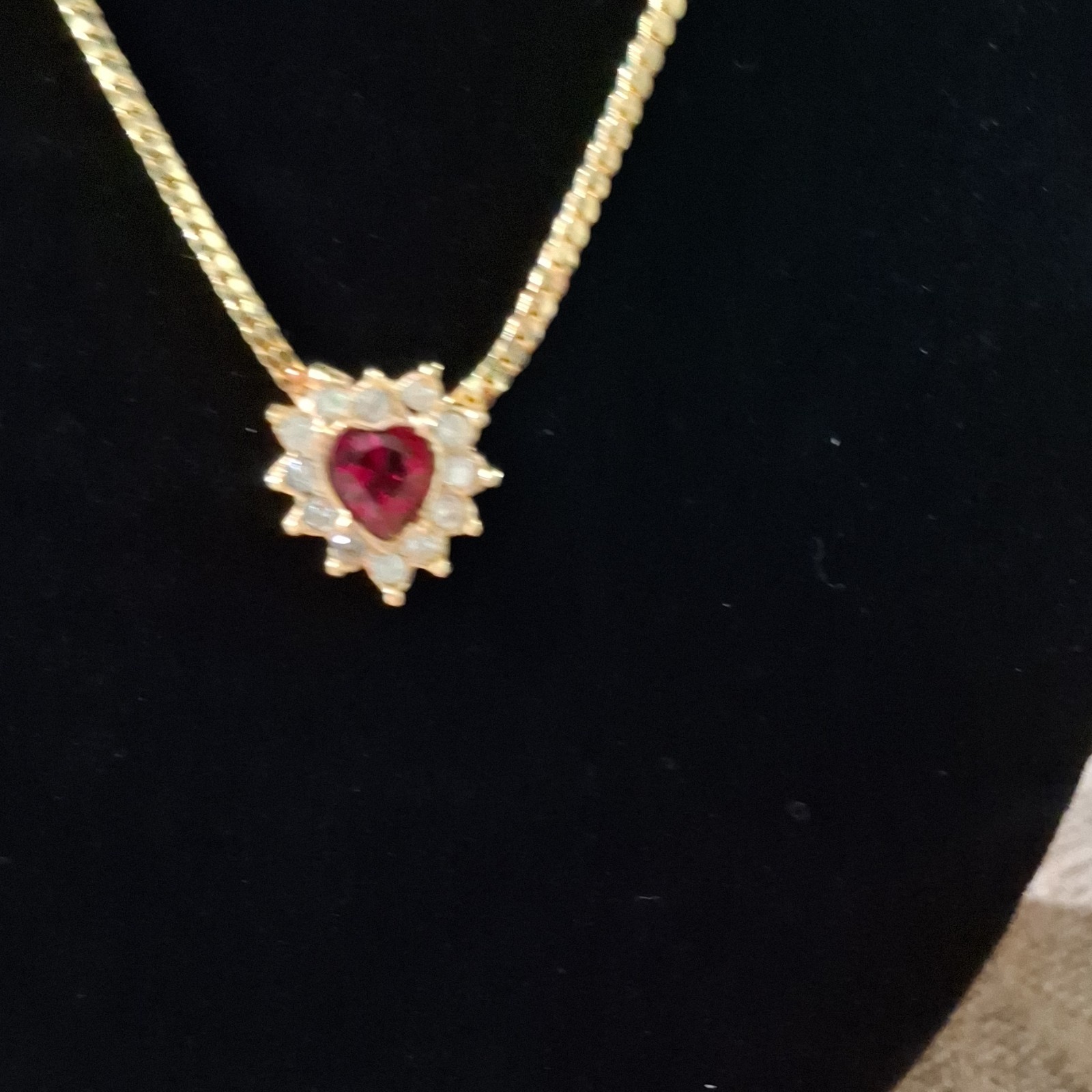 Gold Tone Heart Pendant Necklace Red Center Stone Clear Accents Undated Era