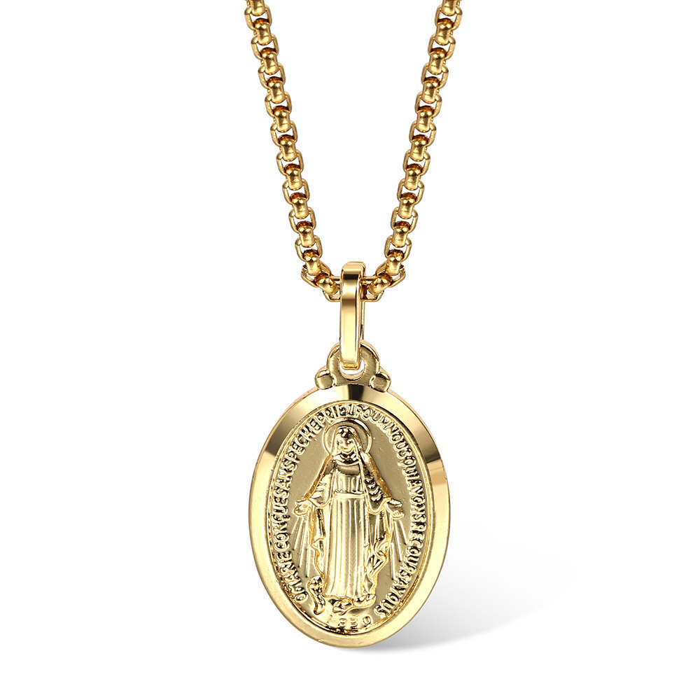 16″-24″ 2mm Gold Plated Oval Virgin Mary Charm Pendant Necklace Box Chain Unisex