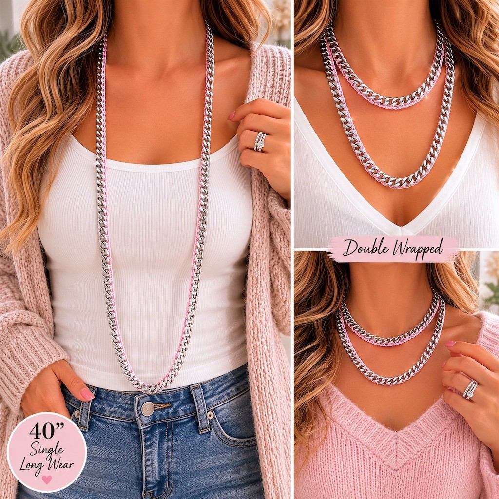 Cara New York Necklace Pink Silver Cuban Link Chain 36 Coquette Vintage Style