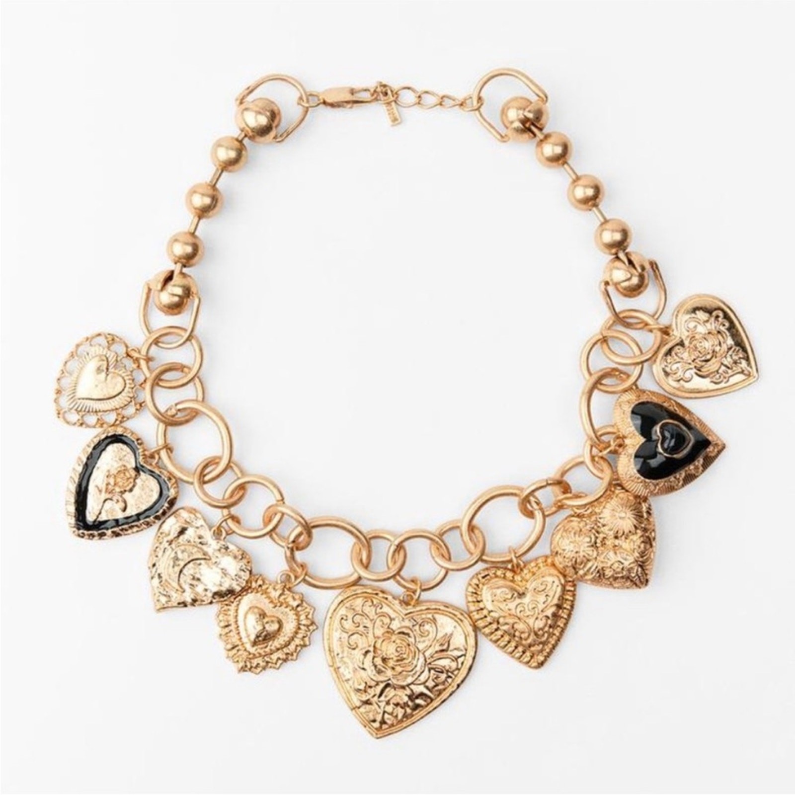 Zara Golden Heart Charms Metal Links Necklace Statement Jewelry Gold Maximalism