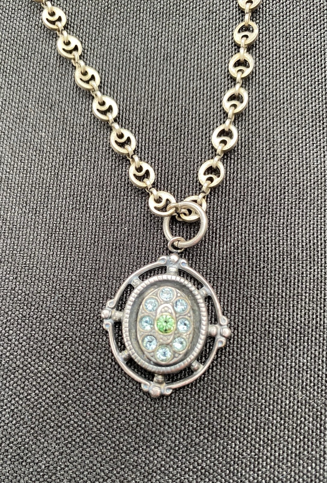 Vintage Catherine Popesco France Blue & Green Stones Silver Pendant Necklace 16”