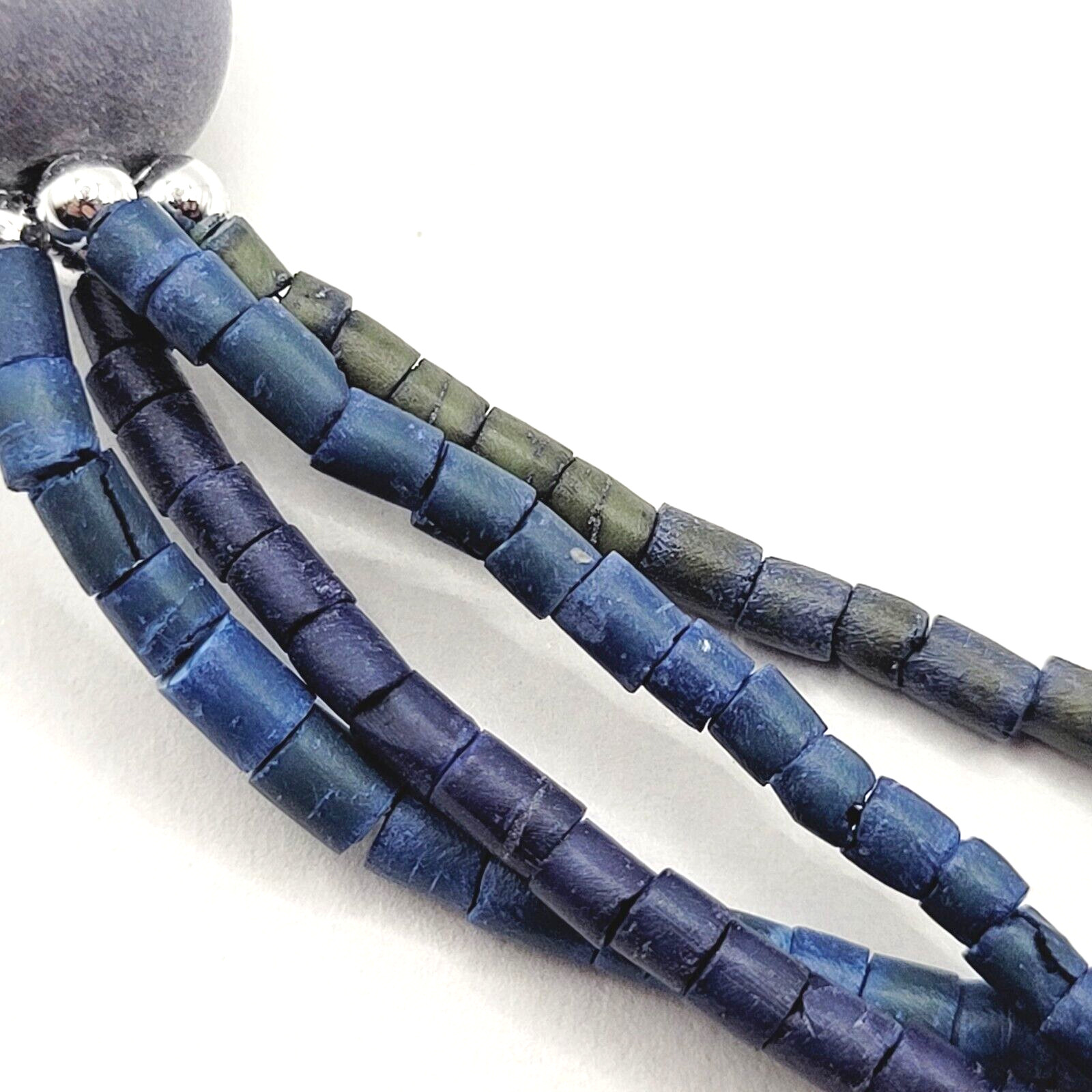 Mixed Material Wood Glass Metal Blue Heishi Style Multi Strand Beaded Necklace