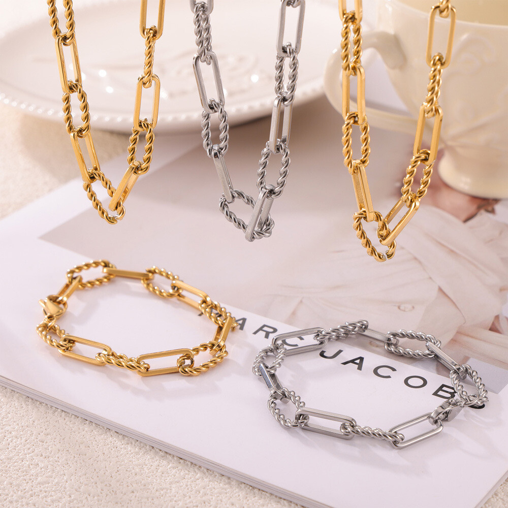 Fashion Woman 18K Gold Plated Paper Clip Chain Rope Necklace Bracelet Bangle