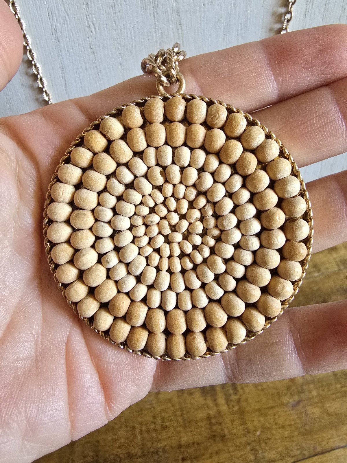 Plunder Pendant Necklace 32in Chain Wood Beads Fashion Natural Boho