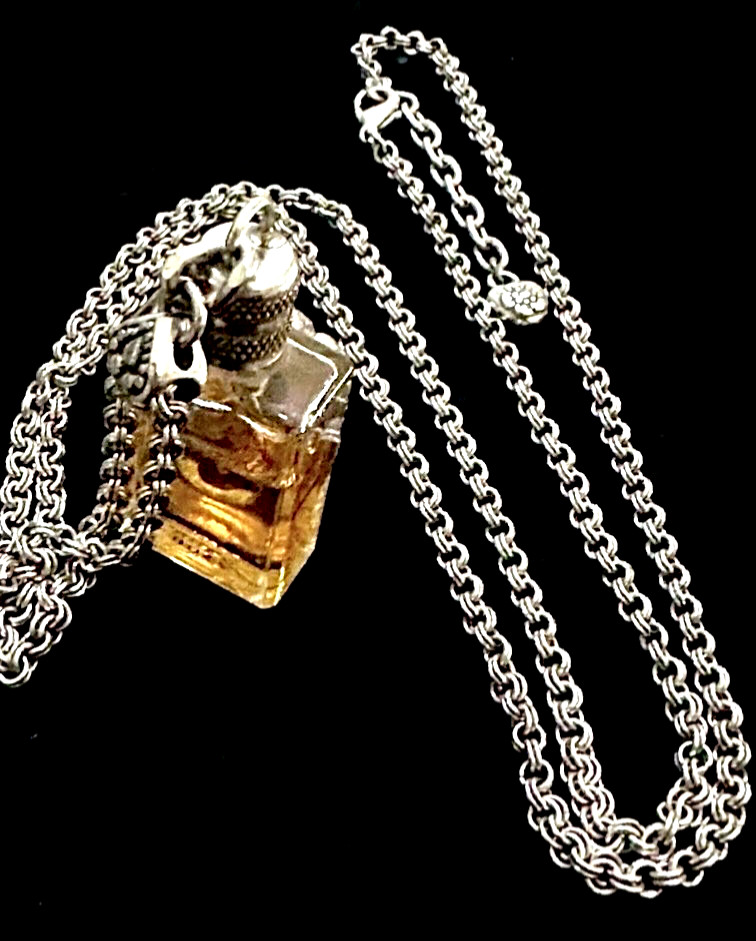 BRIGHTON GLASS PERFUME BOTTLE+SILVER MOON+SCROLLWORK LONG NECKLACE VG✨VTG✨HTF