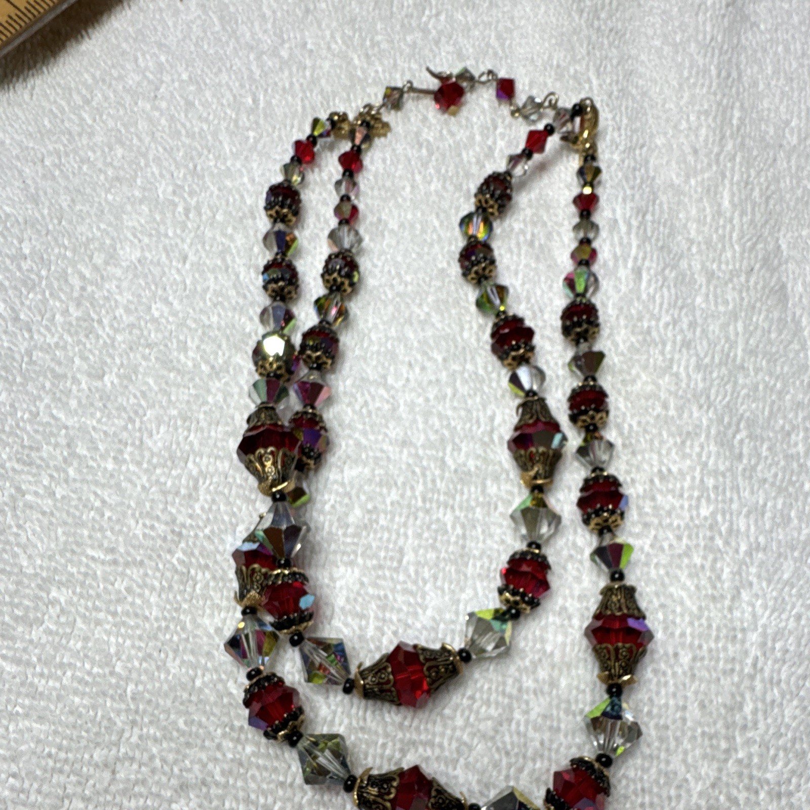 Layered Double Strand Red & Clear Austrian Crystal Bead Necklace Gold Tone