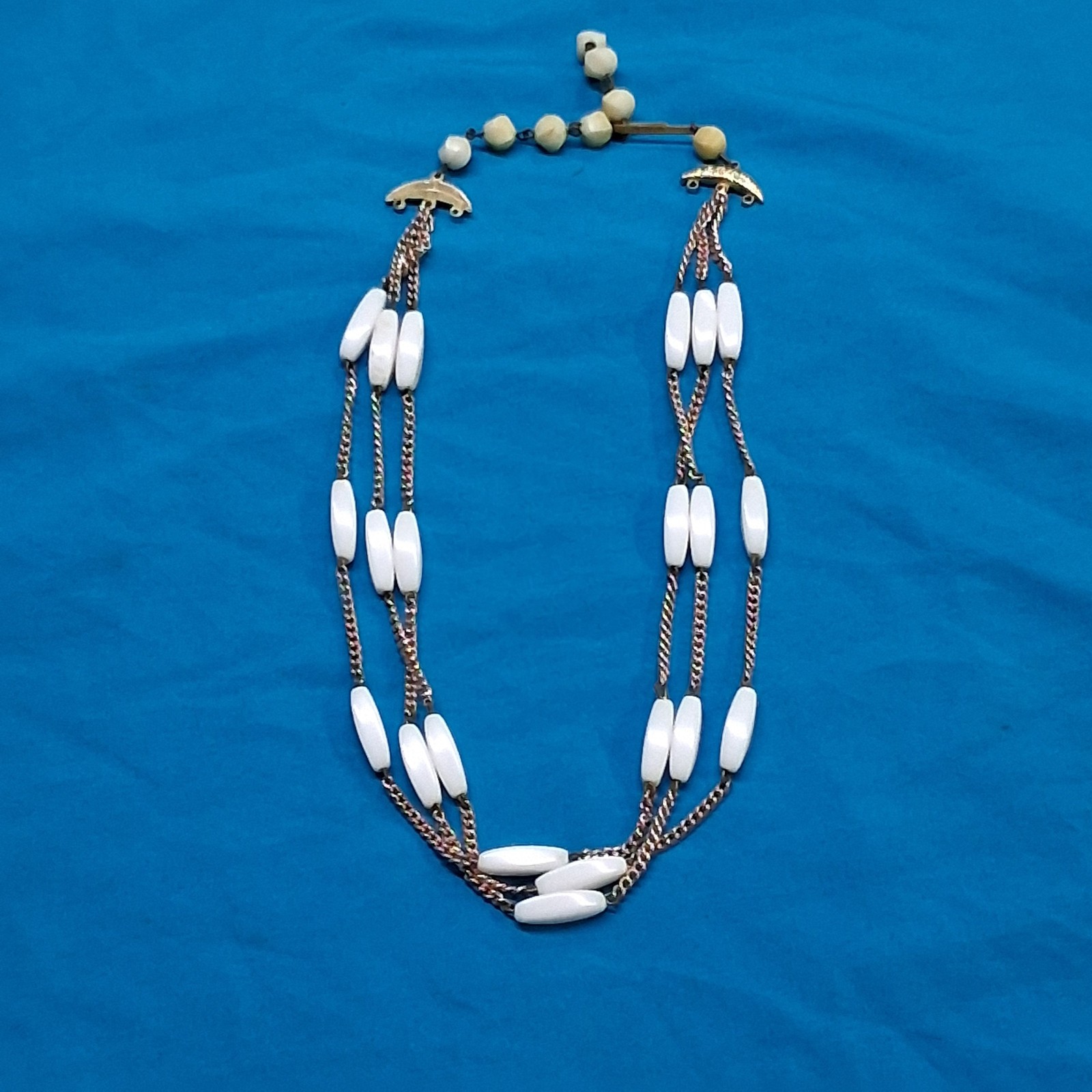 Vintage West Germany Marked White Polished Stone 3-Tier Gold Tone Necklace