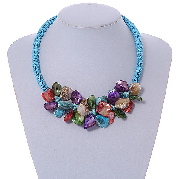 Light Blue Glass Bead/ Multicoloured Shell Floral Necklace – 48cm Long