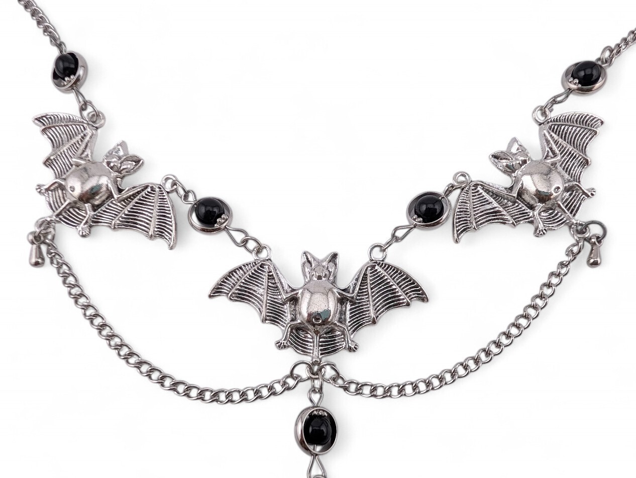 SILVERTONE VAMPIRE BAT BIB NECKLACE black beads chain choker gothic halloween R2