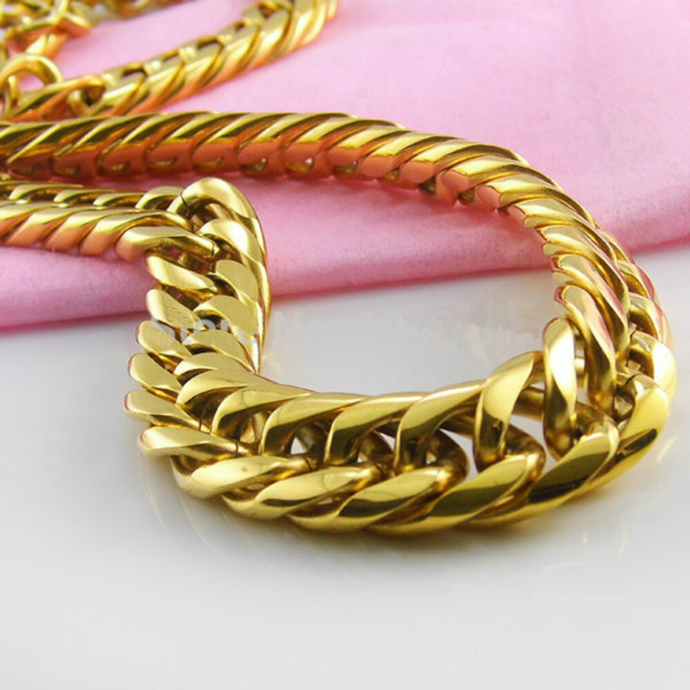 9/11/13/16/20mm Men’s Gold Plated Stainless Steel Curb Cuban Link Chain Necklace