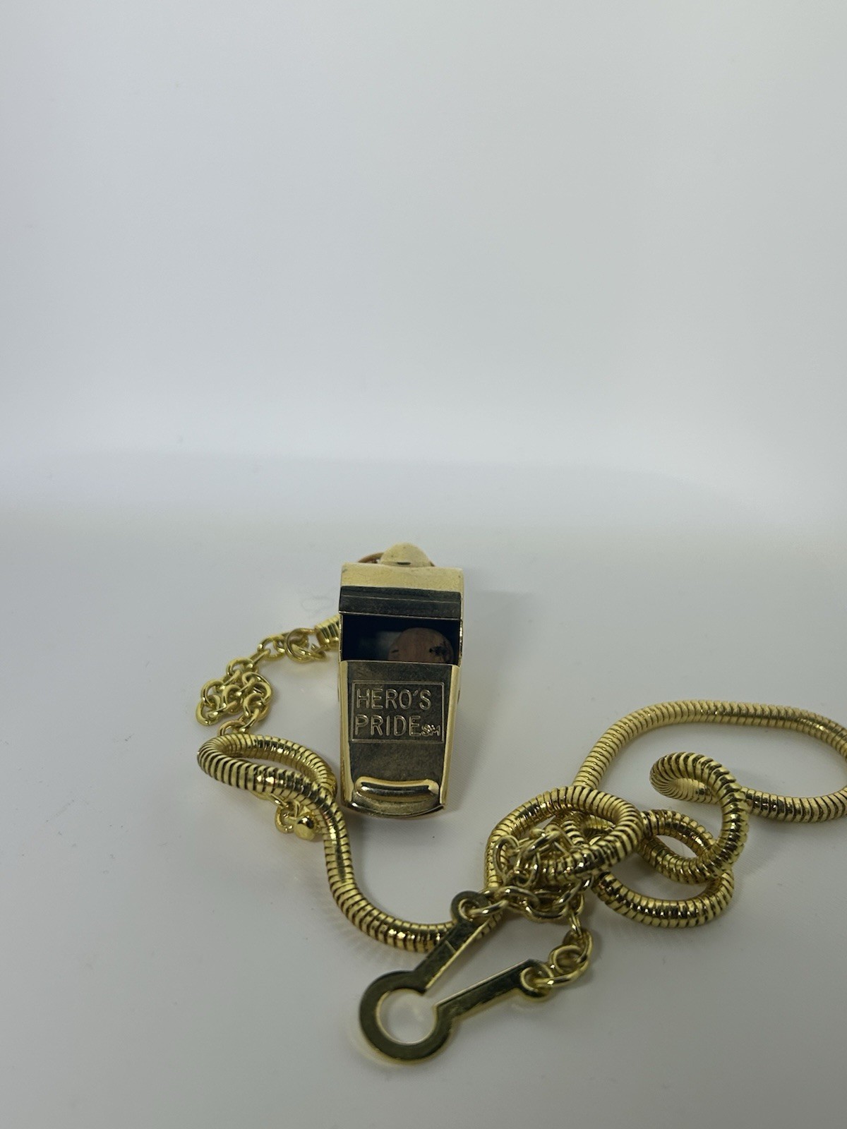 Gold Tone Metal Snake Chain Necklace w/ Rectangle Whistle Charm, Hook Closure