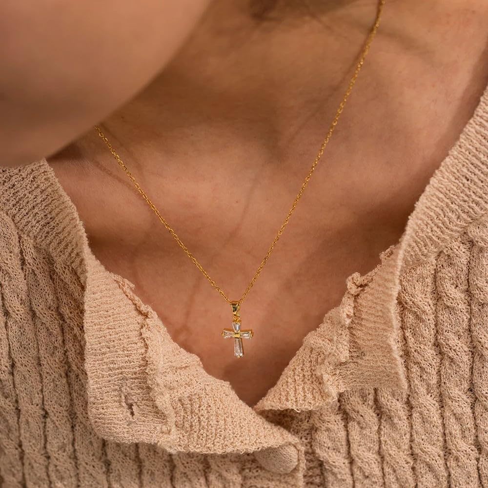 18K gold stainless steel geometric cross pendant inlaid with white zircon collar