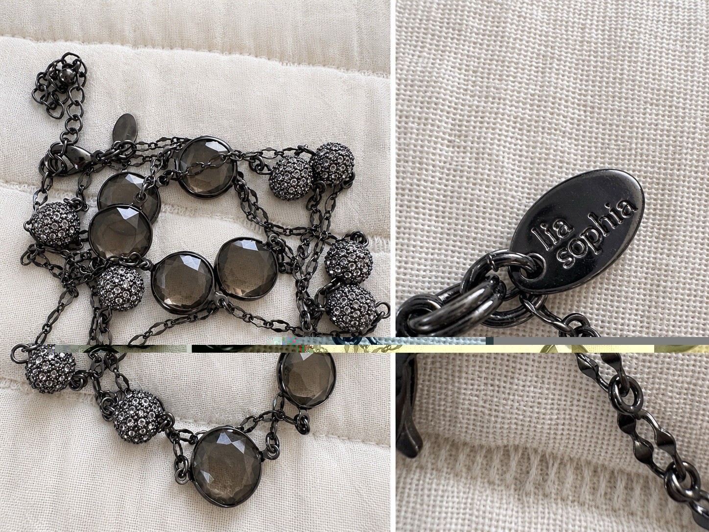 Lia Sophia 40” Gunmetal Station Necklace Smoky Gray Crystal Bead Long Retired