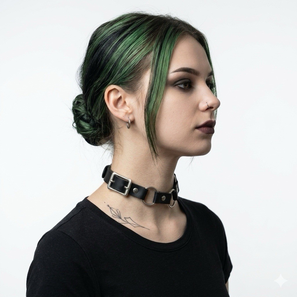 Handmade Genuine Leather Ring Choker Necklace 18″ Metal Studs Goth Alt Punk