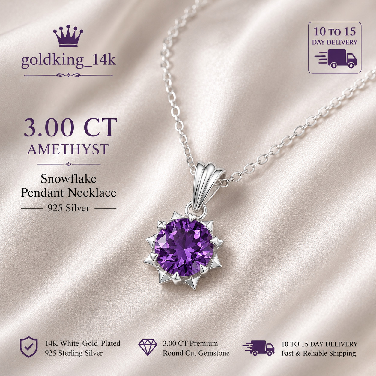 3 Ct Round Cut Amethyst Snowflake Pendant Necklace Women 14K White Gold Plated